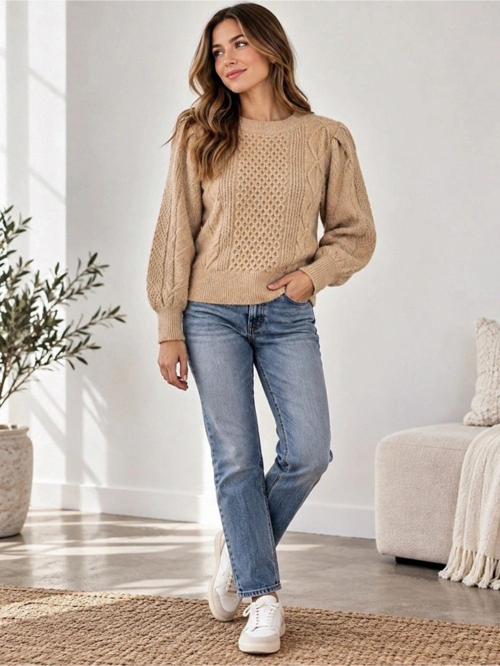 1.STATE Cable Knit Puff Sleeve Crewneck Sweater Brown Medium